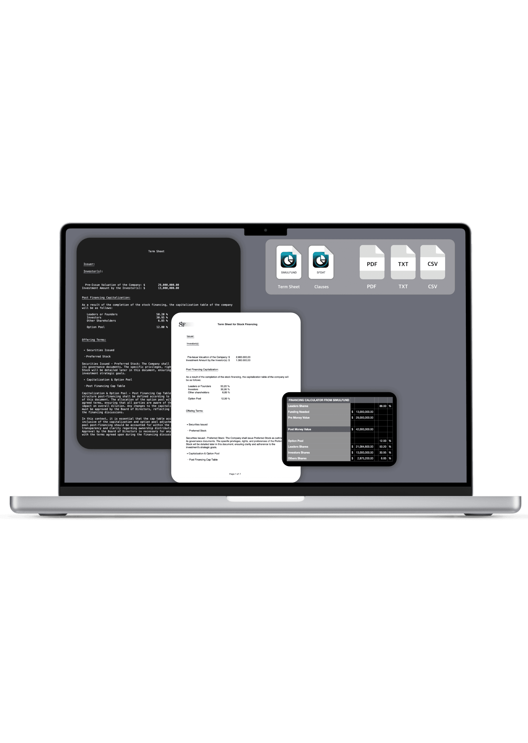 export pdf csv text from venture capital app for term sheet and financing