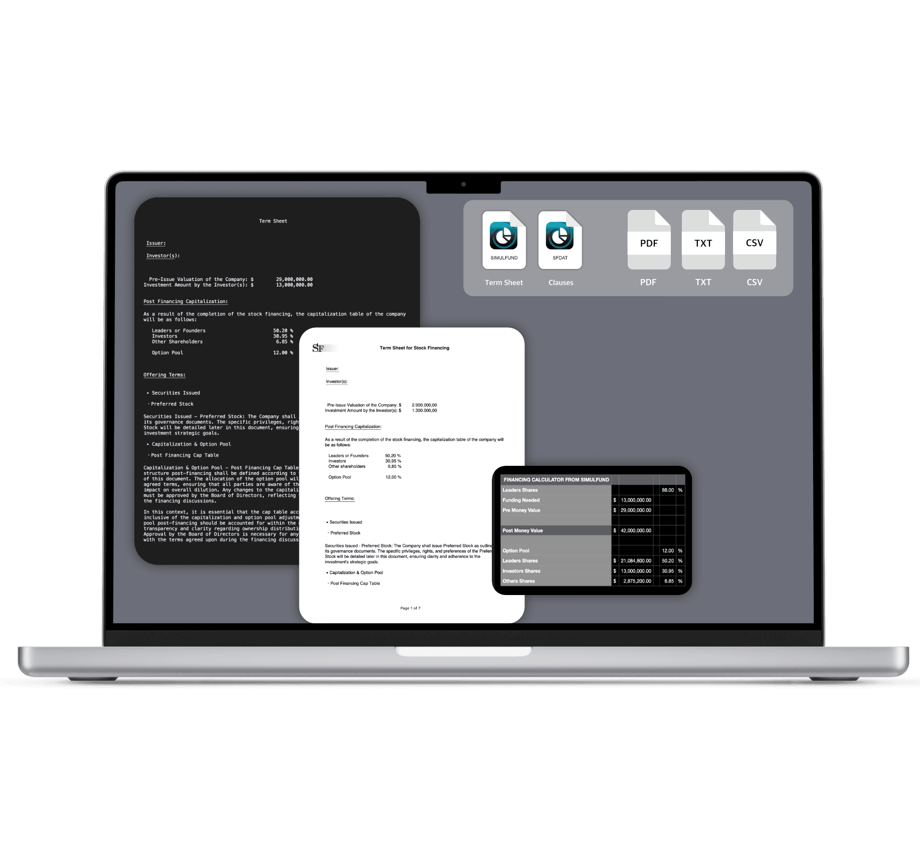 export pdf csv text from venture capital app for term sheet and financing