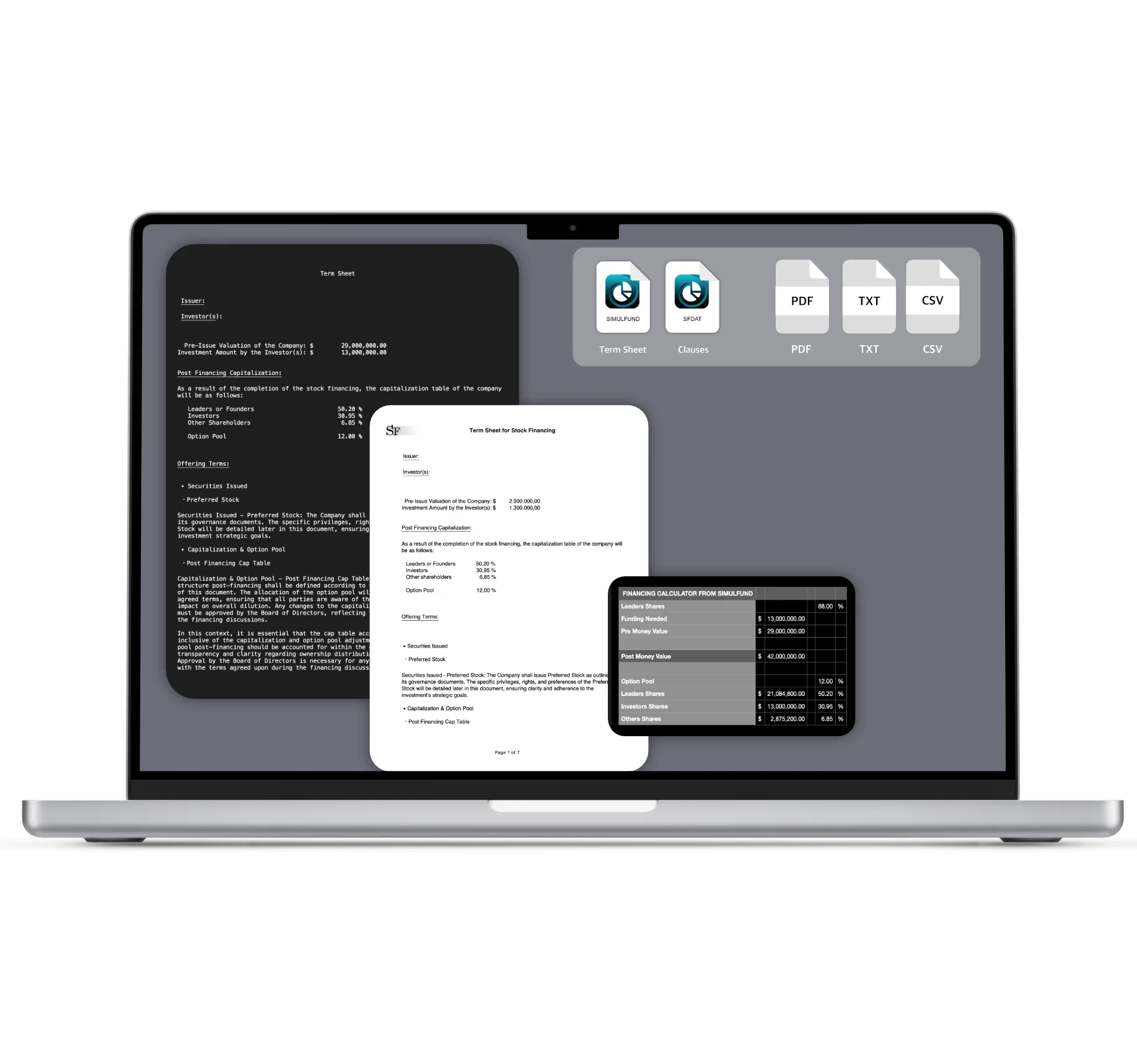 export pdf csv text from venture capital app for term sheet and financing