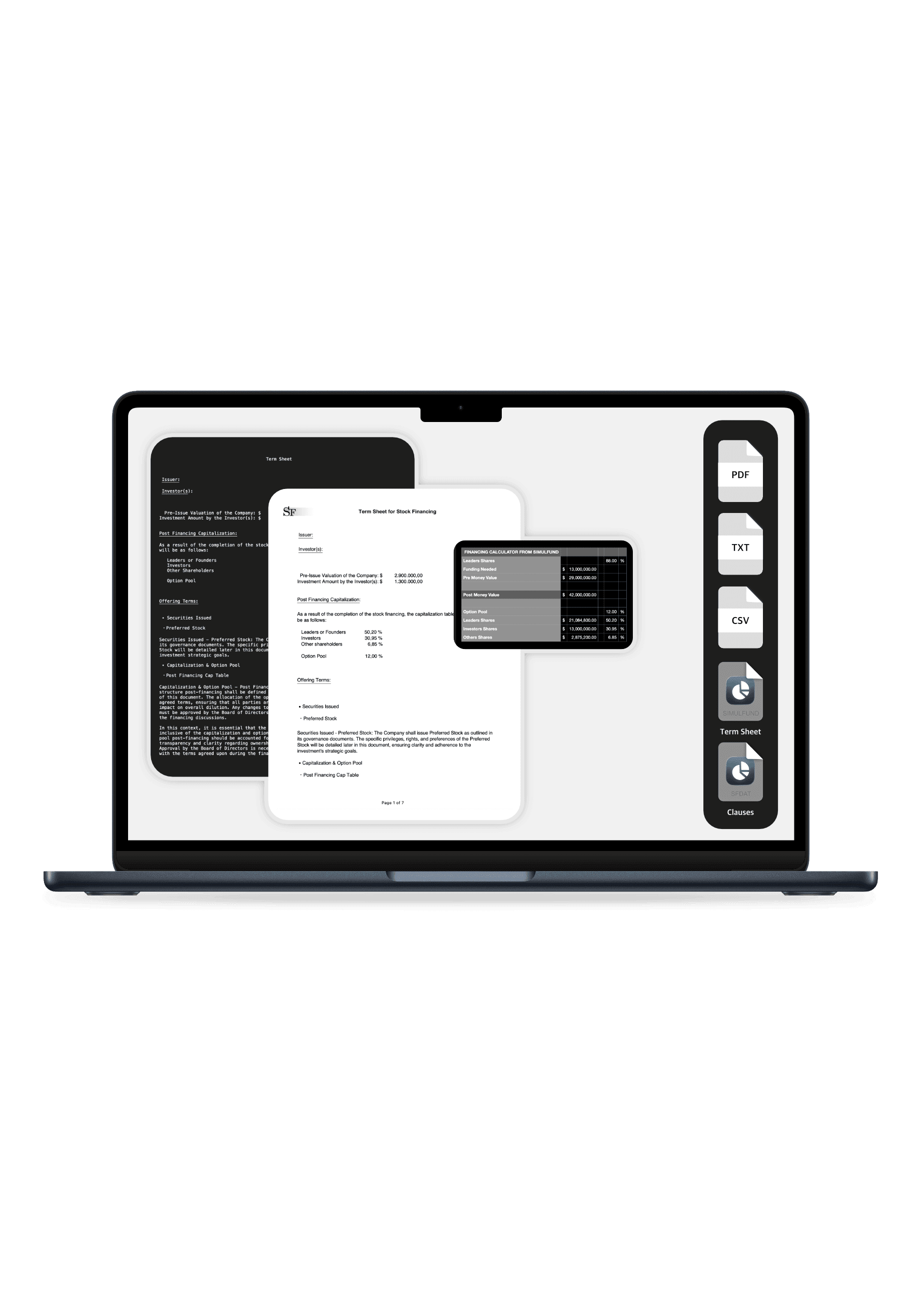export pdf csv text from venture capital app for term sheet and financing