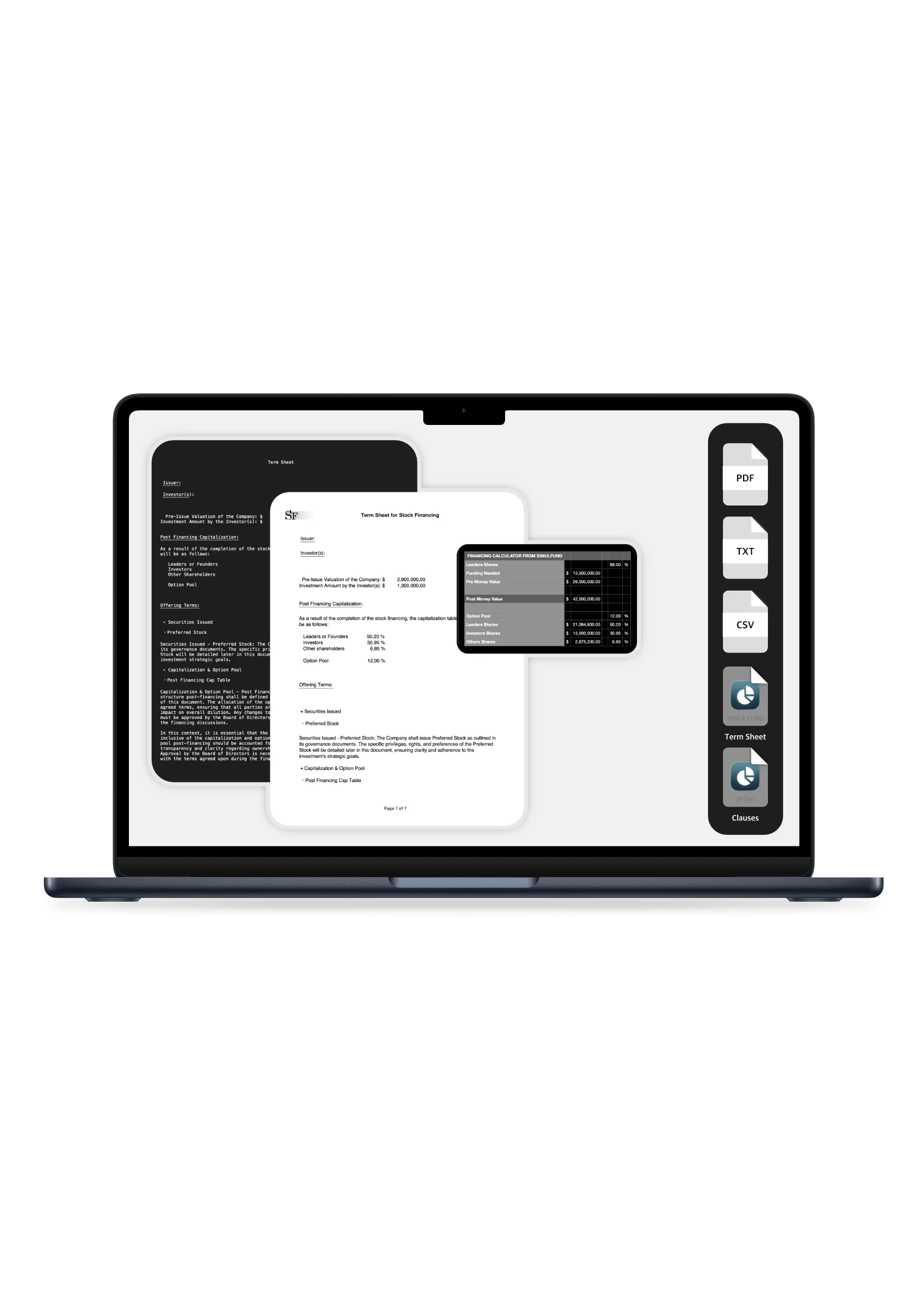 export pdf csv text from venture capital app for term sheet and financing
