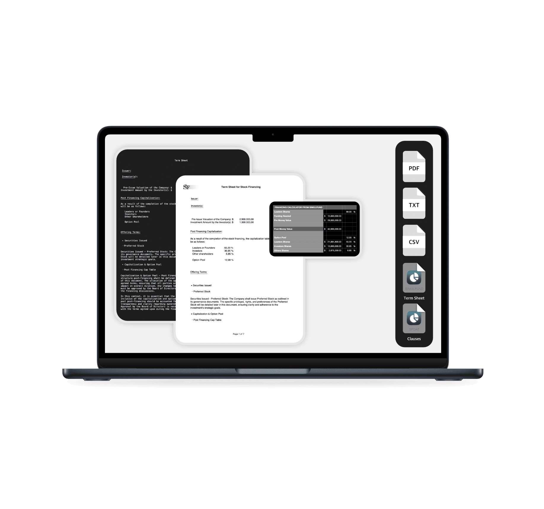 export pdf csv text from venture capital app for term sheet and financing