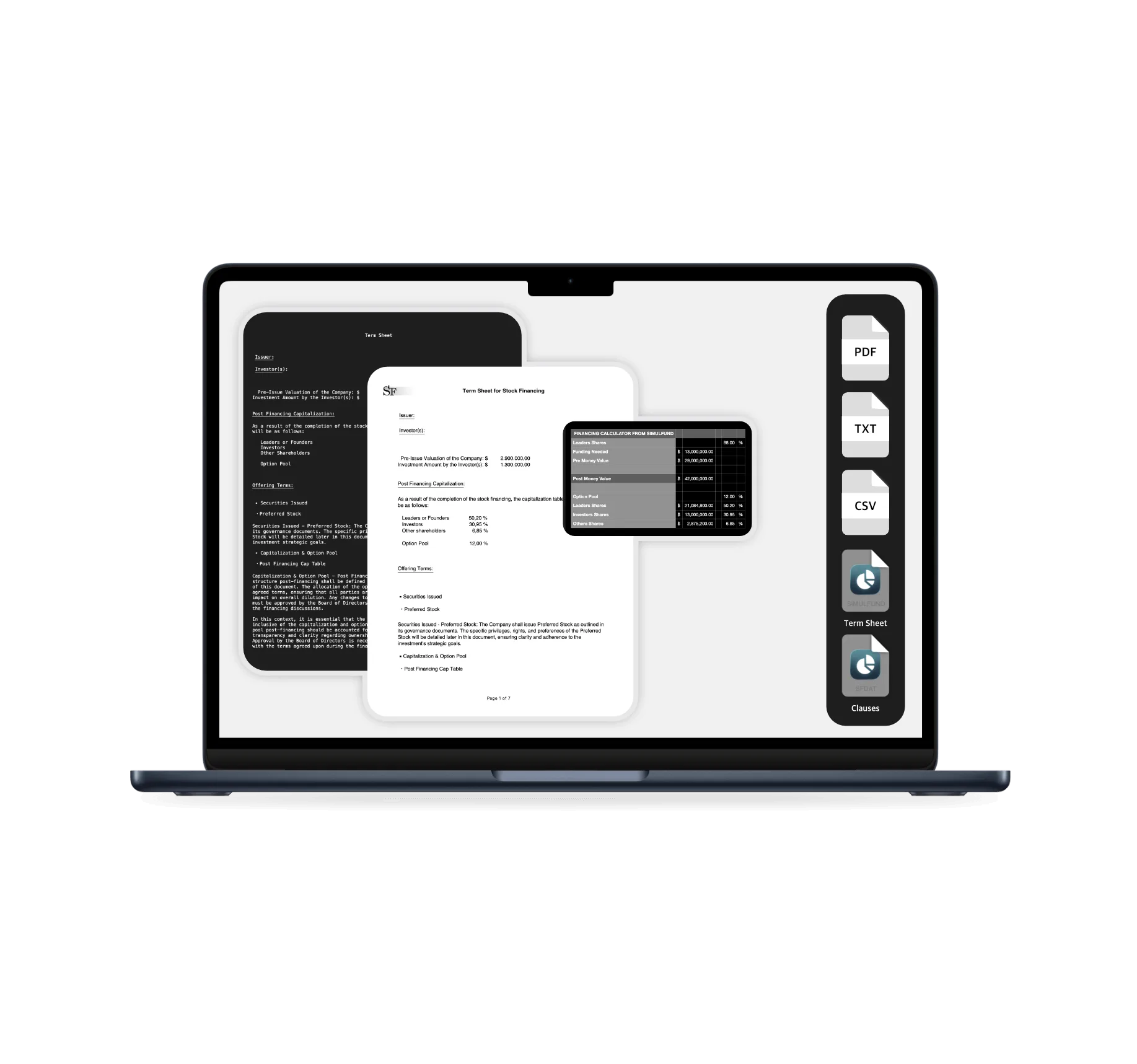 export pdf csv text from venture capital app for term sheet and financing