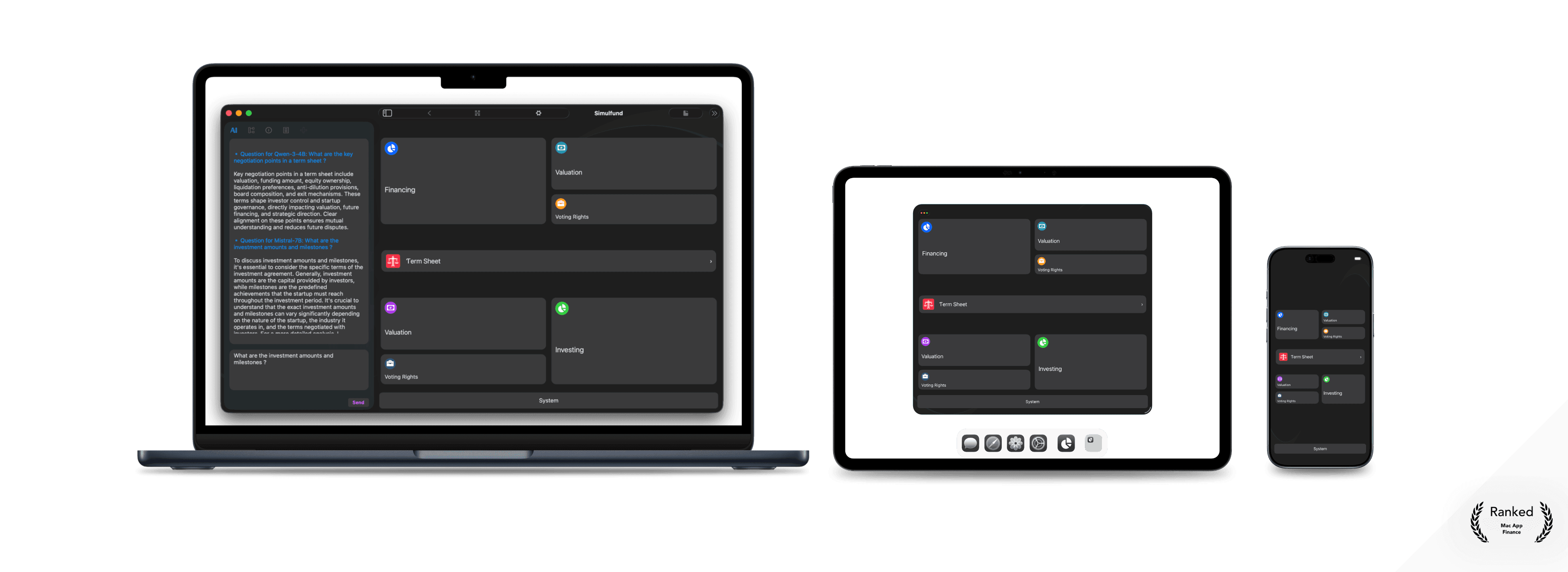ios and macos devices with venture capital app for term sheet and financing