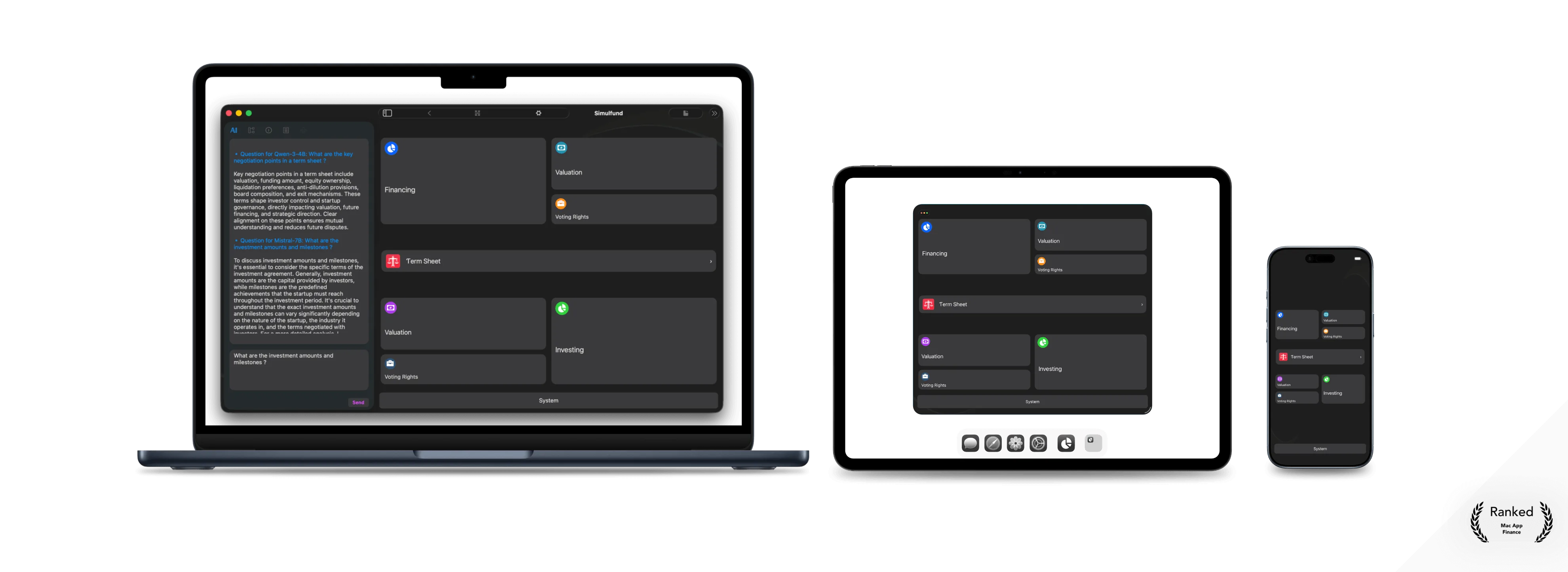 ios and macos devices with venture capital app for term sheet and financing