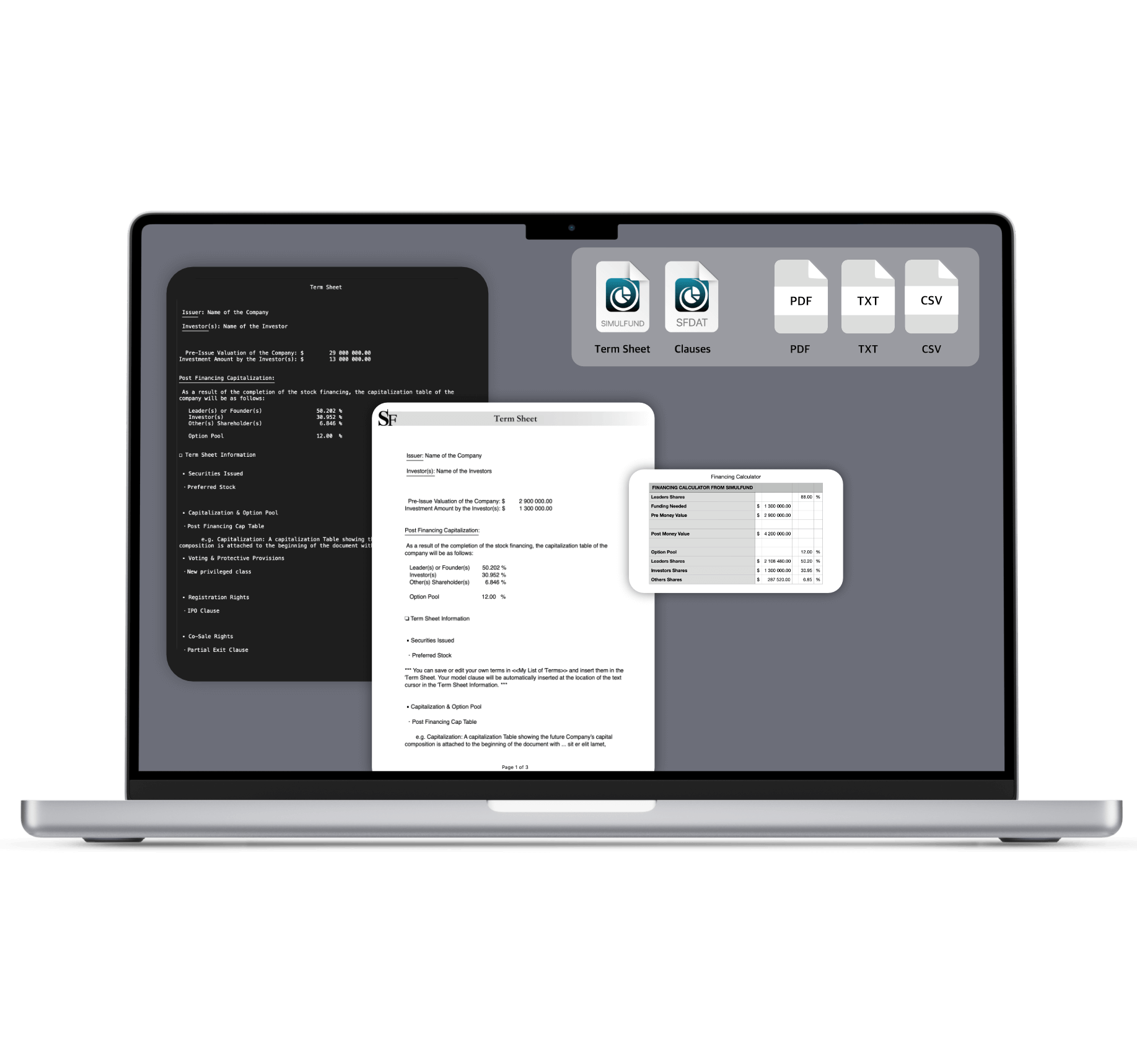 export pdf csv text from venture capital app for term sheet and financing