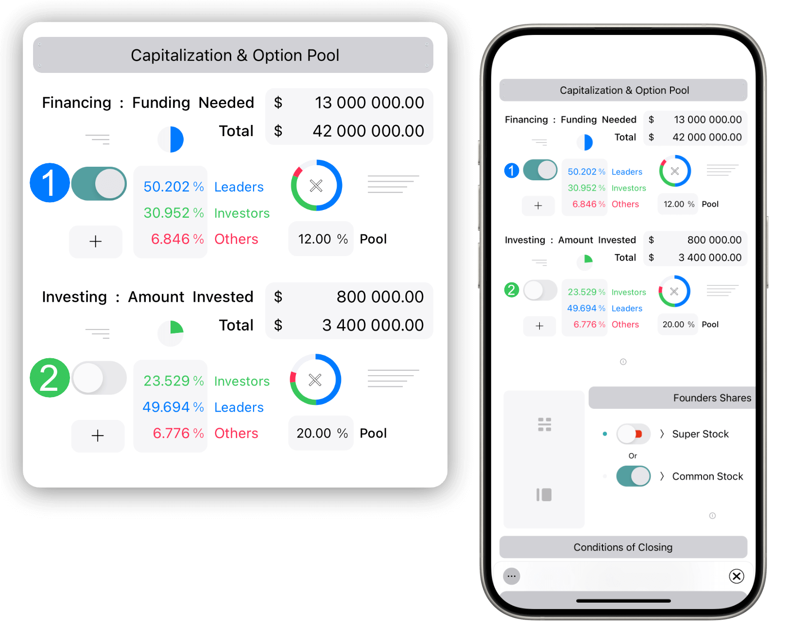 picture of simulfund: venture capital app : Term sheet Simulator pie charts