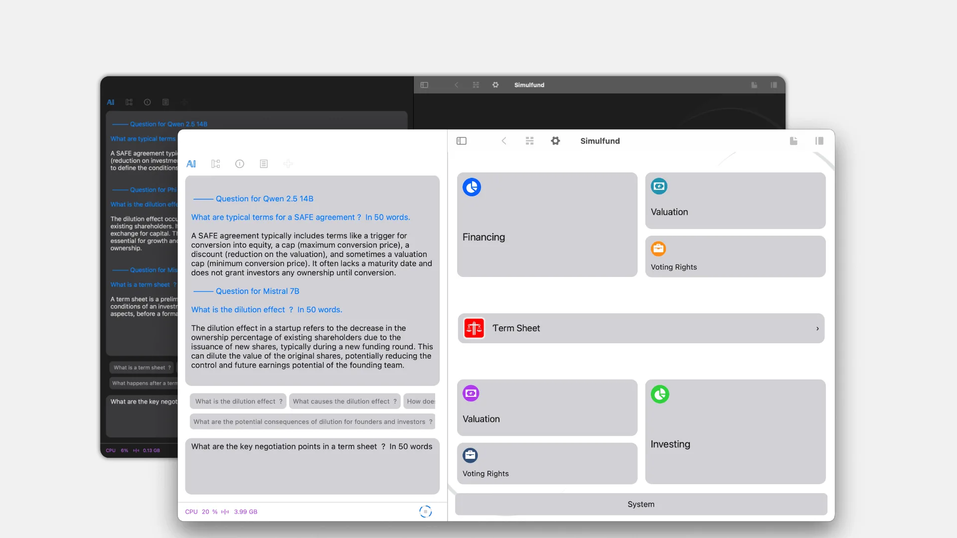 Simulfund Mac app dashboard for startup funding and VC term sheet simulation