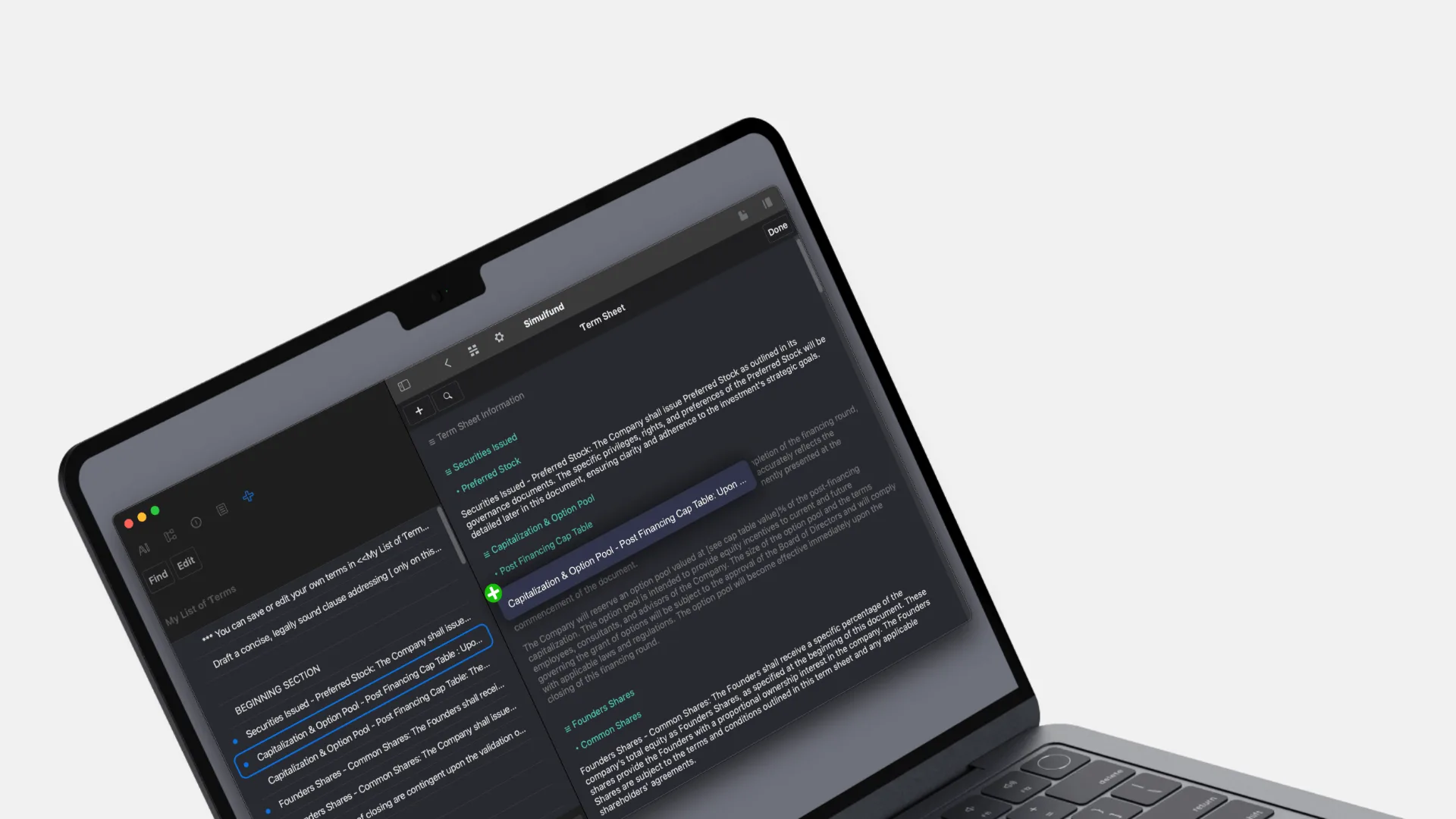 Simulfund Mac app dashboard for startup funding and VC term sheet simulation with a clause drag-and-drop.