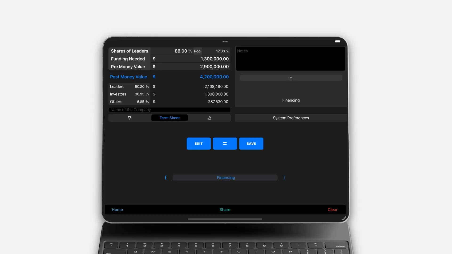 Simulfund app for iPad – Simulfund equity dilution calculator and startup valuation tool