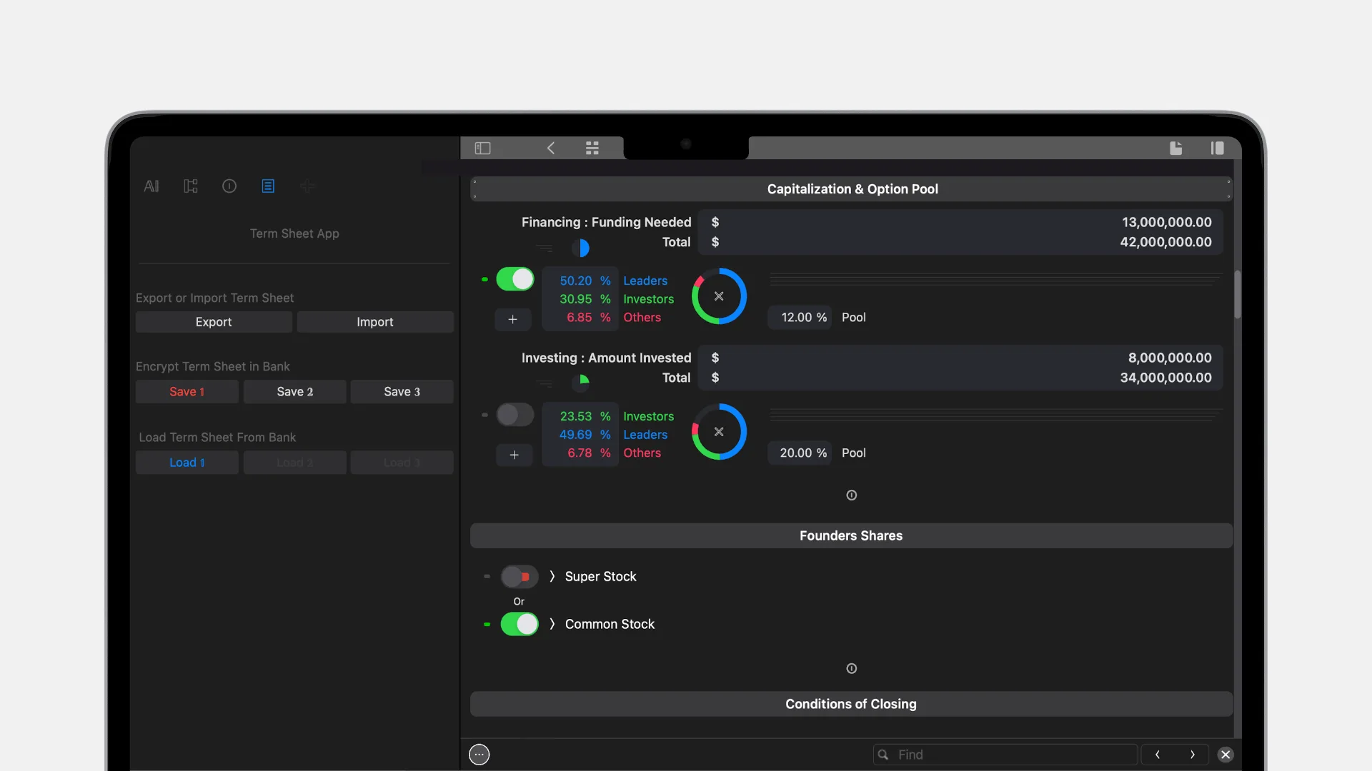 Simulfund VC term sheet creation and negotiation feature