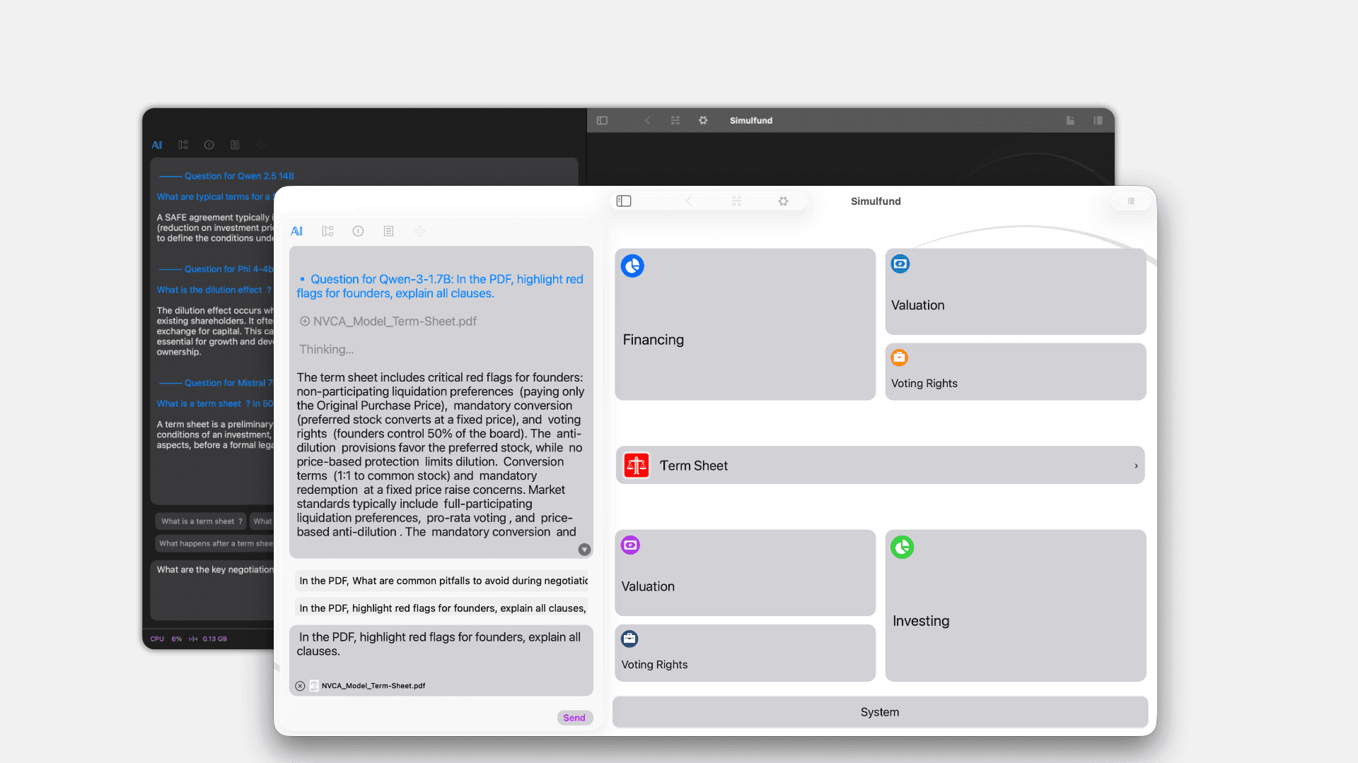 Simulfund Mac app dashboard for startup funding and VC term sheet simulation