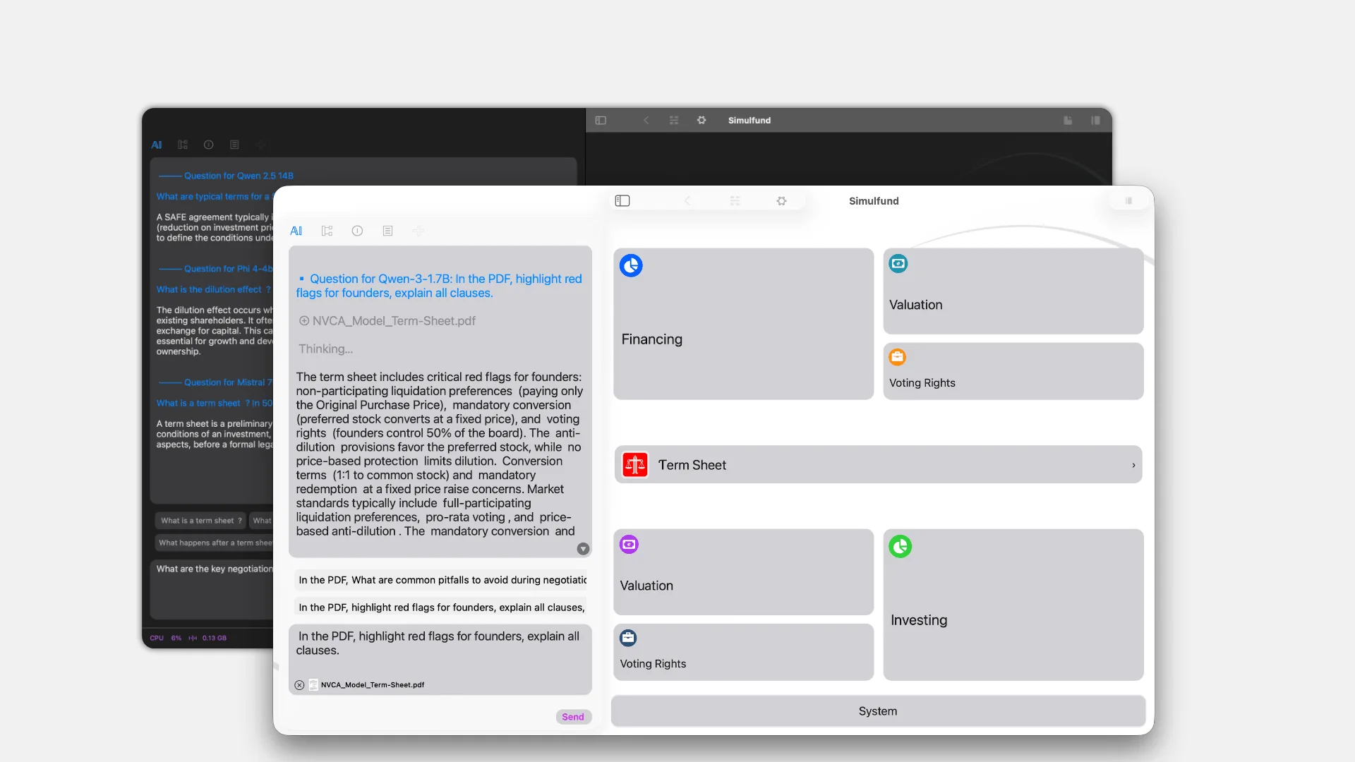 Simulfund Mac app dashboard for startup funding and VC term sheet simulation